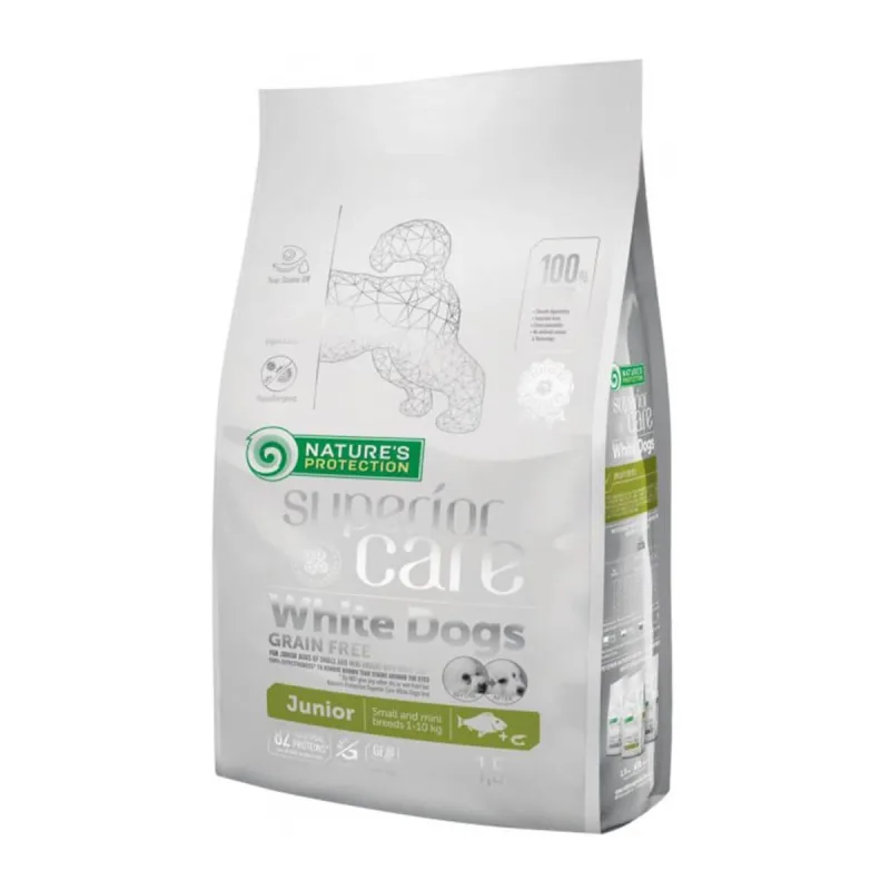 NATURES PROTECTION Superior Care White Dogs Junior XS - S, Pește Alb, hrană uscată fără cereale câini juniori, reducerea petelor la câinii albi, 1.5kg — preț și oferte