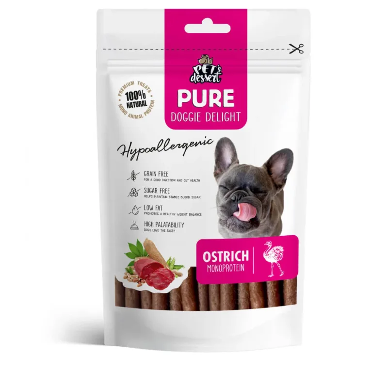 PET'S DESSERT Pure Doggie Delight Hypoallergenic, XS-XL, Struț, punguță recompense monoproteice fără cereale câini, alergii, 80g — preț și oferte