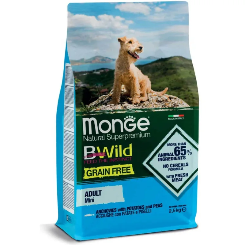 MONGE BWild Adult Mini, XS-S, Anșoa și Cartofi, hrană uscată fără cereale câini, 2.5kg — preț și oferte