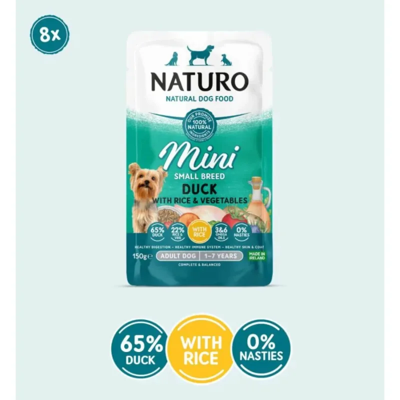 NATURO Mini, XS-S, Rață și Orez, plic hrană umedă câini, (în suc propriu), 150g — preț și oferte