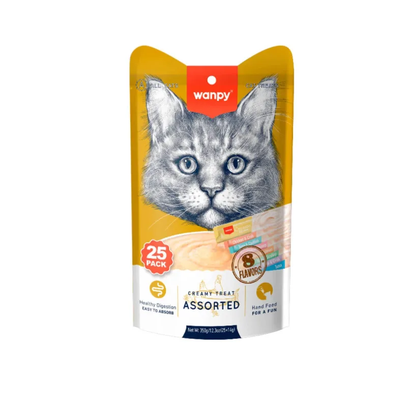 WANPY Creamy Treat Assorted 8 Flavors, Ton, Somon și Pui, punguță recompense pisici, (piure), 350g — preț și oferte