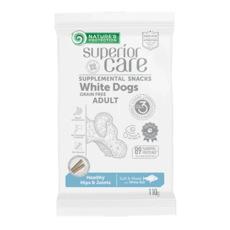 NATURES PROTECTION Superior Care blană albă, Pește Alb, recompense funcționale fără cereale câini, blană albă, suport articular, 110g — preț și oferte