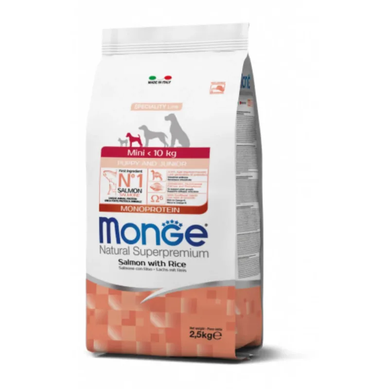 MONGE Natural Superpremium Monoprotein Puppy&Junior Mini, XS-S, Somon și Orez, hrană uscată câini junior, 2.5kg — preț și oferte