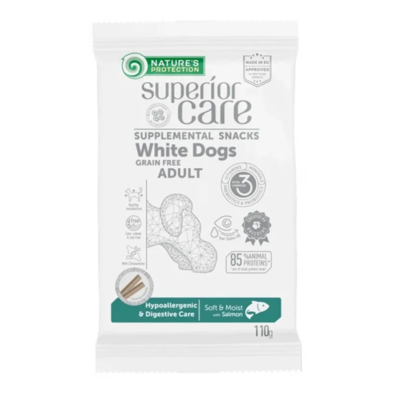 NATURES PROTECTION Superior Care blană albă, Somon, recompense funcționale hipoalergenice fără cereale câini, sensibilități digestive, 110g — preț și oferte