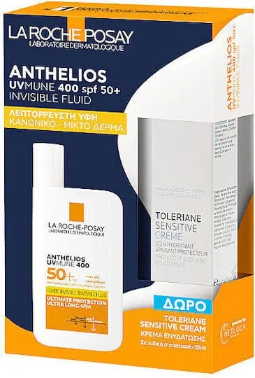 LA ROCHE POSAY Promo Pack Anthelios Uvmune 400 lnvisible Fluid SPF50+ Protecție solară ultra înaltă SPF50+ 50ml & Toleriane Crema de față sensibilă pentru piele sensibilă 15ml — preț și oferte