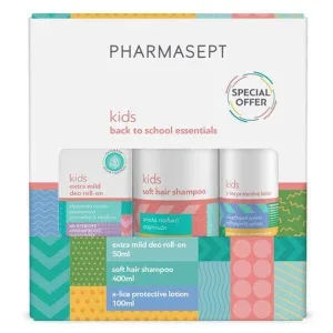 PHARMASEPT Back to School Pack cu șampon pentru păr moale pentru copii Șampon pentru copii 400ml & X-Lice Protective Lotion Anti-Lice Lotion 100ml & Kids Extra Mild Deo Roll-On Deodorant pentru copii 50ml