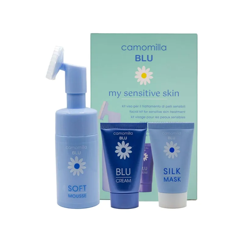 CAMOMILLA Blu My Sensitive Skin Box Package cu spumă de curățare facială 100ml & mască de față pentru hrănire și hidratare 30ml & cremă reparatoare pentru uscăciune și iritații 30ml — preț și oferte