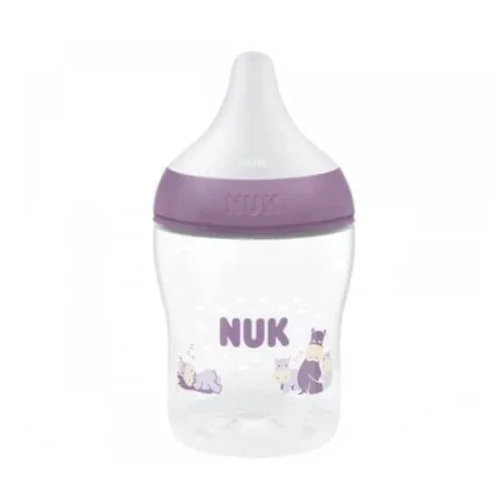 NUK Biberon de plastic Perfect Match 0m+ cu indicator de control al temperaturii cu mamelon din silicon cu orificii mici 150ml Culoare violet, Hippopotamus, 150ml, 1 buc — preț și oferte