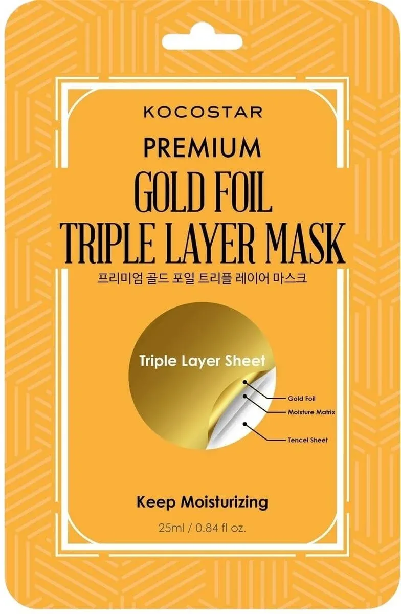 KOCOSTAR Gold Foil Triple Layer Mask Mască de față cu șase tipuri diferite de acid hialuronic și aur 1 bucată — preț și oferte