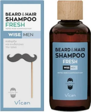 VICAN Wise Men Beard & Hair Shampoo Șampon proaspăt pentru barba și părul bărbaților cu lemn de santal și mosc 200ml