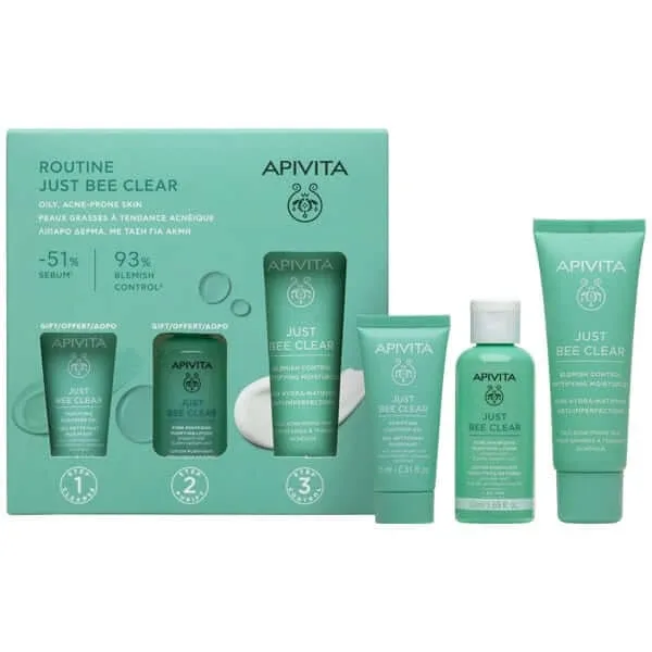 Apivita | Promo Routine Just Bee Clear Cream împotriva imperfecțiunilor, 40ml &amp; GIFT Just Bee Clear Loțiune de strângere a porilor, 50ml &amp; Gel de curățare facială, 15ml | 1set — preț și oferte