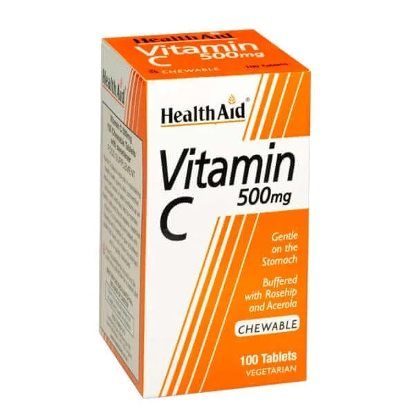 Health Aid | Vitamina C masticabilă 500mg | Vitamina C masticabilă aromatizată Portokal | 100 tablete — preț și oferte