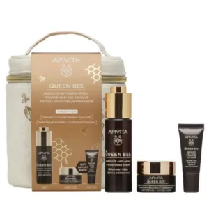 APIVITA Queen Bee-Serum anti-îmbătrânire holistic cu jeleu regal, 30ml & Queen Bee Cremă de zi cu textură ușoară pentru anti-îmbătrânire și regenerare totală cu jeleu regal, 15ml & Cremă de ochi-Eye Cream, 5ml