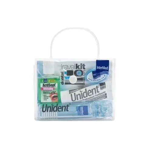 Trusă dentară de călătorie INTERMED Unident cu pastă de dinți 10ml, periuță de dinți, periuță de dinți și apă de gură 20ml — preț și oferte