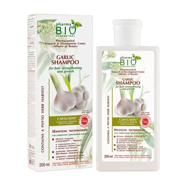 Pharma Bio Laboratory, șampon de usturoi împotriva căderii părului cu ulei de brusture, calamus și con de hamei, 200 ml — preț și oferte