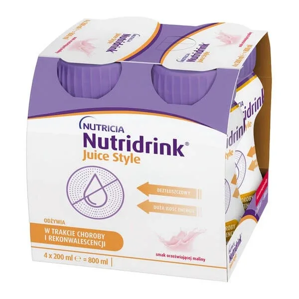 Nutridrink Juice Style, lichid, aromă răcoritoare de zmeură, 4 x 200 ml — preț și oferte