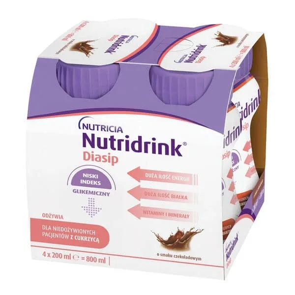 Nutridrink Diasip, lichid, aromă de ciocolată, 4 x 200 ml — preț și oferte