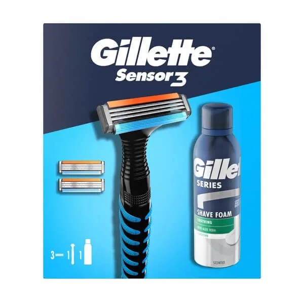 Set Gillette, aparat de ras Sensor3 + Series, spumă de ras calmantă cu aloe vera, 75 ml — preț și oferte