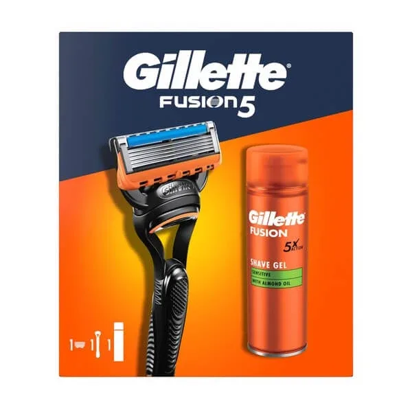 Set Gillette, aparat de ras Fusion5 + Fusion, gel de ras pentru piele sensibilă, 200 ml — preț și oferte