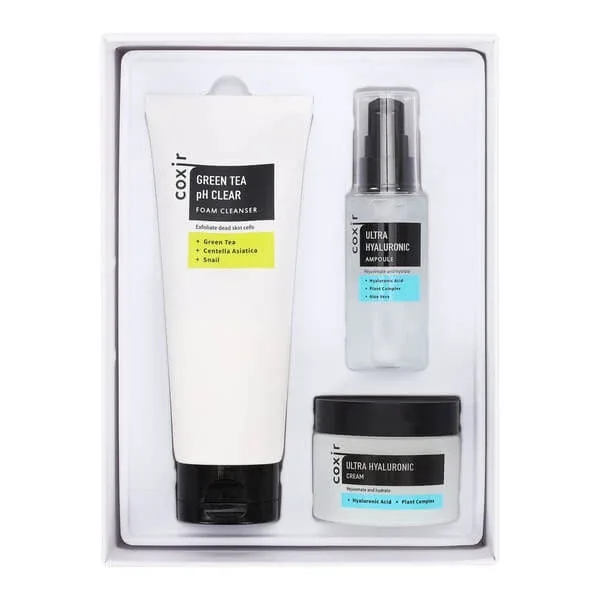 Kit Coxir Ultra Hyaluronic, ceai verde Spumă de curățare clară, 150 ml + fiolă Ultra Hyaluronic, 50 ml + cremă hidratantă, 50 ml — preț și oferte