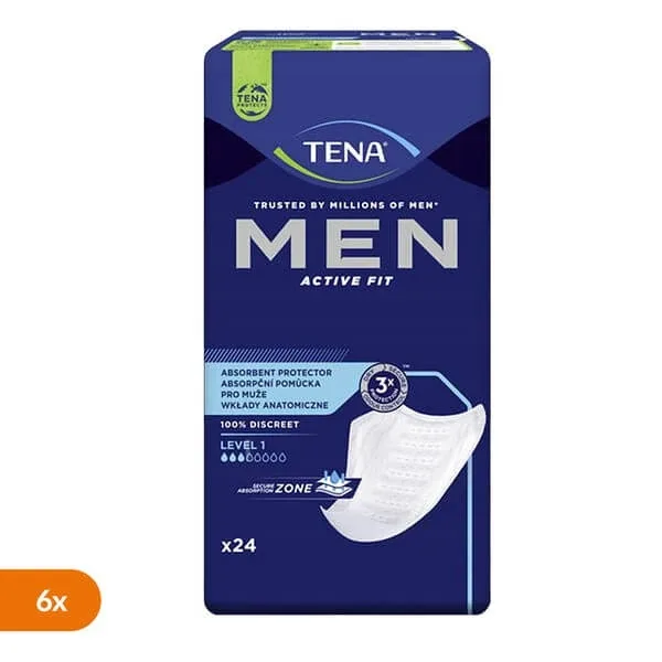 Set de 6 x TENA Men Active Fit, tălpi anatomice pentru bărbați, nivel 1, 24 buc. — preț și oferte