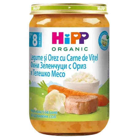 Hipp Eco piure legume si orez cu carne de vitel, + 8 luni, Hipp | 220 gr — preț și oferte