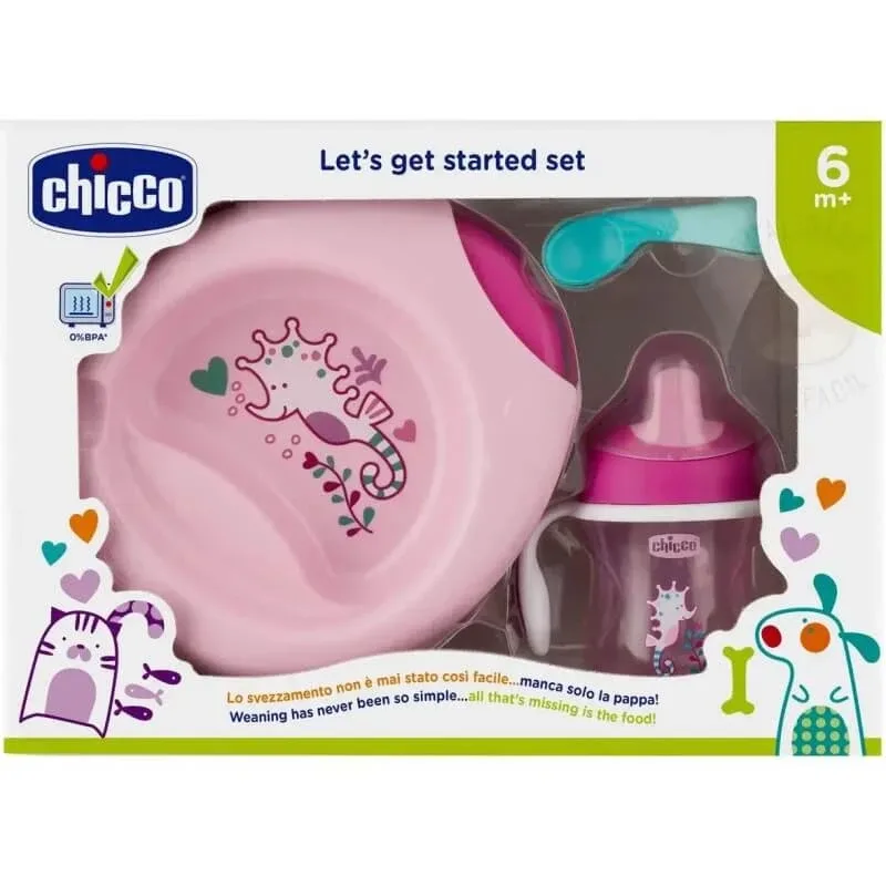 Chicco meal set 6 luni+ farfurie lingură și ceașcă roz — preț și oferte