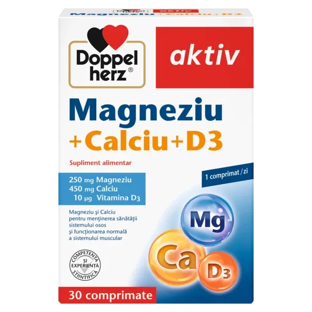 Magneziu + Calciu + Vitamina D3, Doppelherz Aktiv | 30 comprimate — preț și oferte