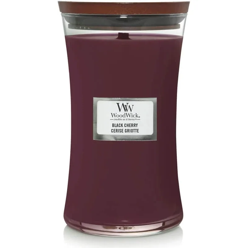 Woodwick Black cherry - lumânare parfumată clepsidră mare 609 g — preț și oferte