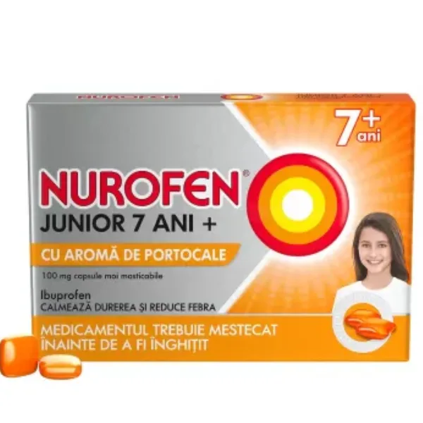 Nurofen Junior 100 mg cu portocale 7 ani+, Reckitt Benckiser | 12 capsule masticabile — preț și oferte