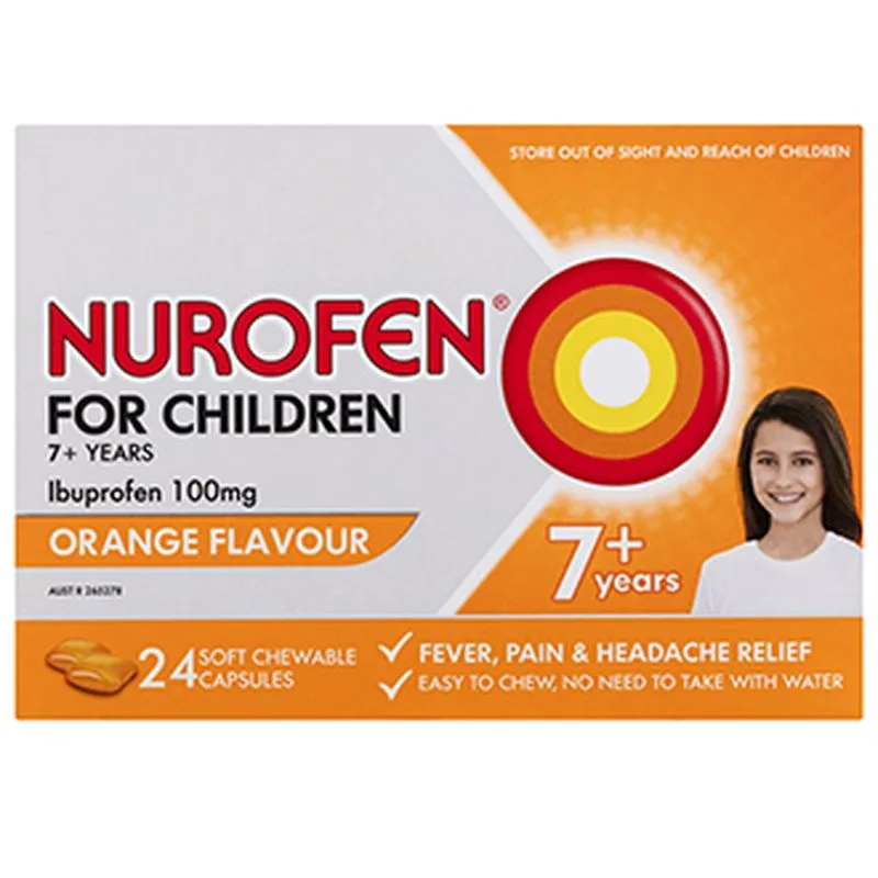 Nurofen Junior 100 mg cu portocale 7 ani+, Reckitt Benckiser | 24 capsule masticabile — preț și oferte