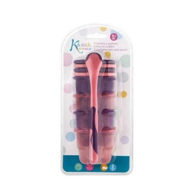 Set pentru diversificare Kiokids – 4 lingurițe și borcănașe cu capac, de culoare roz — preț și oferte