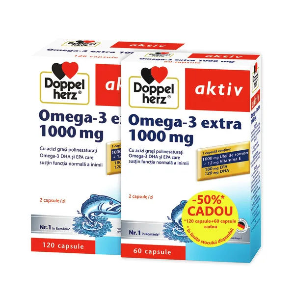Omega 3 Extra 1000 mg, Doppelherz Aktiv | 120 comprimate + 60 comprimate CADOU QUEISSER PHARMA — preț și oferte