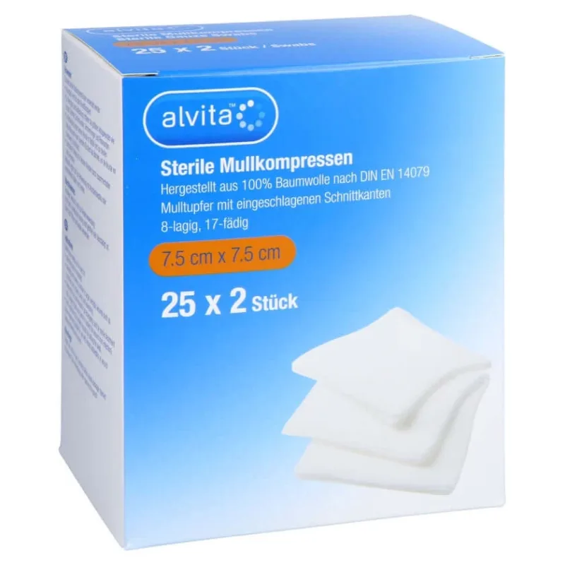 Compresele din tifon Alvita, sterile, 7,5 x 7,5 cm, 25 x 2 buc. — preț și oferte