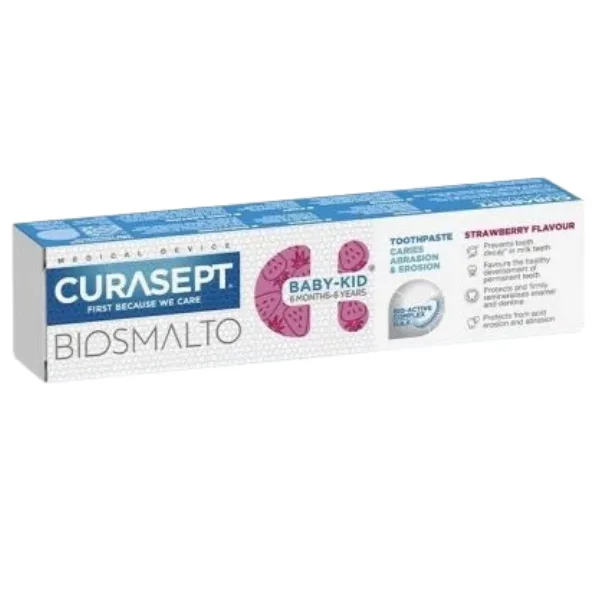 Pasta de dinti cu fluor pentru copii de la 6 luni - 6 ani Biosmalto Baby-Kid, cu aroma de capsuni usor mentolata, Curasept | 50 ml CURAPROX — preț și oferte