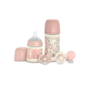 Set „Wonder Welcome Baby” – 2 biberoane, 2 suzete, 1 clemă pentru suzetă – roz