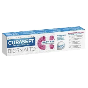 Pasta de dinti fara fluor pentru copii de la 6 luni - 6 ani Biosmalto Baby-Kid, cu aroma de capsuni, Curasept | 50 ml