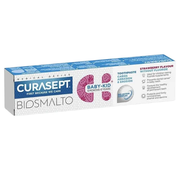 Pasta de dinti fara fluor pentru copii de la 6 luni - 6 ani Biosmalto Baby-Kid, cu aroma de capsuni, Curasept | 50 ml CURAPROX — preț și oferte