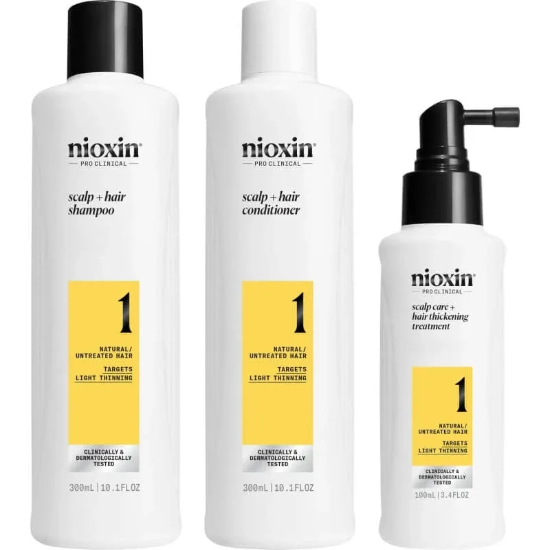 Set Nioxin System 1 – trusă pentru volum: șampon 300 ml + balsam 300 ml + tratament 100 ml — preț și oferte