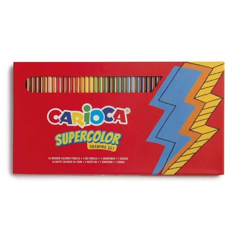 Set de desen Carioca Supercolor – conține 36 de creioane Supercolor, 1 radieră, 1 ascuțitoare din metal și 2 creioane cu grafit HB — preț și oferte