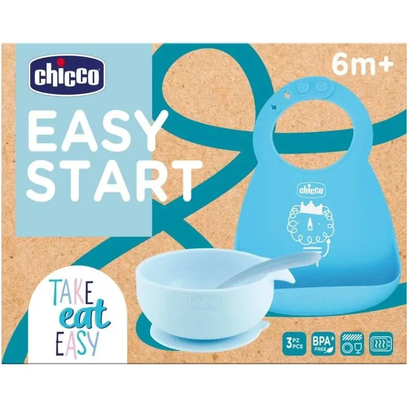 Chicco Easy Start – set de mâncare pentru diversificare din silicon, de la 6 luni în sus – albastru deschis — preț și oferte