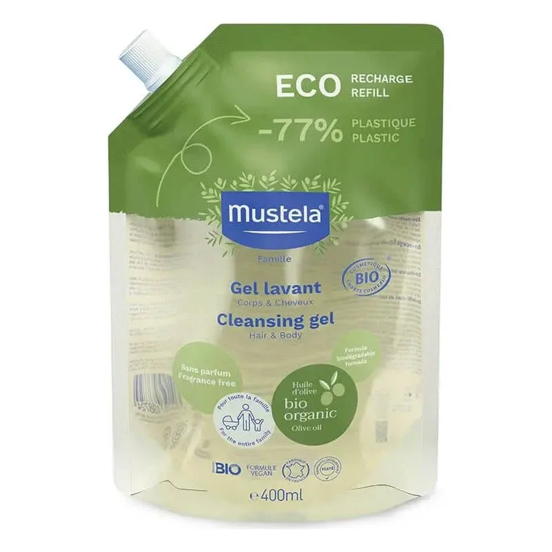 Mustela gel de spălare bio – produs de curățare pentru corp și păr, reîncărcabil ecologic, 400 ml — preț și oferte