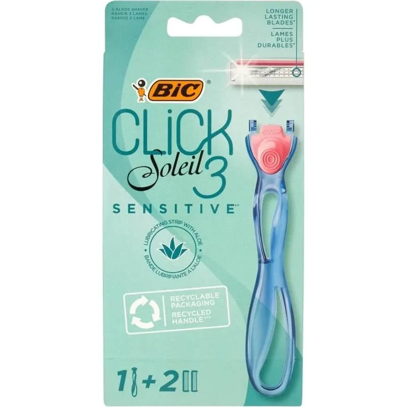 Bic Click 3 Soleil Sensitive – aparat de ras reîncărcabil pentru femei, cu mâner din plastic reciclat + 2 încărcătoare — preț și oferte