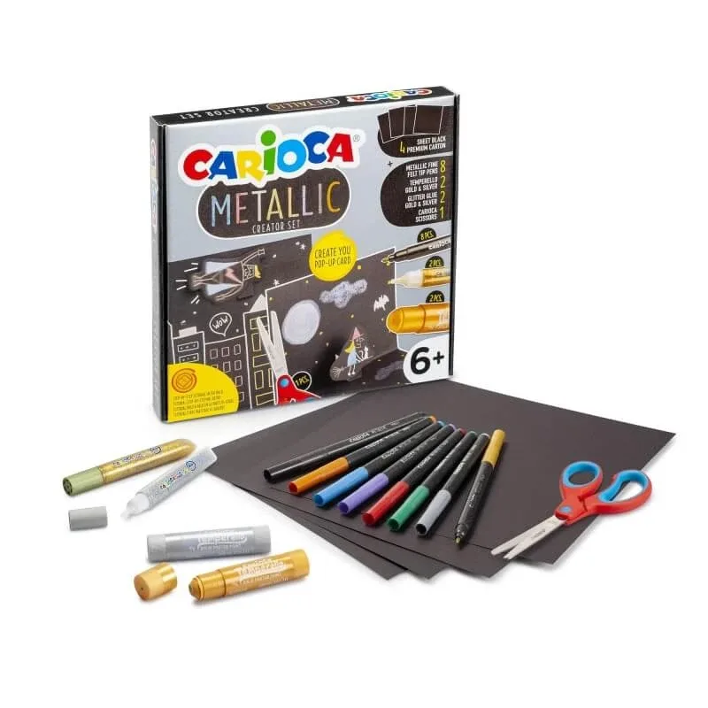 Carioca Metallic Creator – 4 cartoane negre, 8 markere metalice cu vârf fin, 2 vopsele solide, 2 lipici cu sclipici și 1 foarfecă — preț și oferte