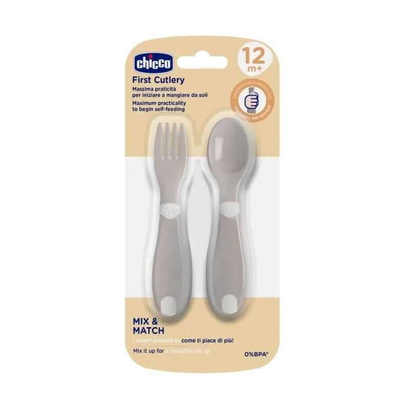 Set de tacâmuri Chicco – furculiță și lingură, de la 12 luni în sus, gri — preț și oferte