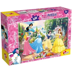 Puzzle supermaxi Lisciani cu prințese Disney, de 108 piese, cu două fețe, de colorat