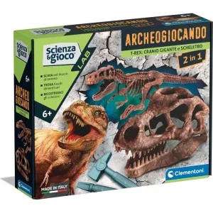 Clementoni Archeogiocando 19324 – craniu gigant de T-Rex și schelet 2 în 1 – joc științific