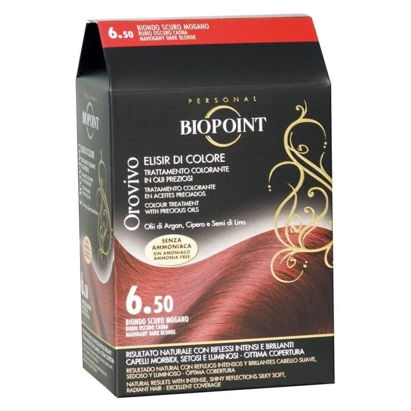 Biopoint Orovivo elixir de culoare – vopsea permanentă pe bază de ulei, fără amoniac, nuanța 6.5 blond închis mahon — preț și oferte