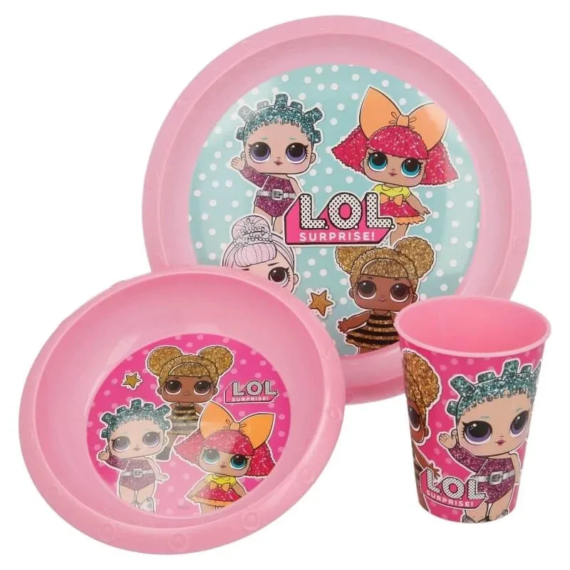 Set de masă Lol Surprise cu farfurie plată, farfurie adâncă și pahar de culoare roz — preț și oferte