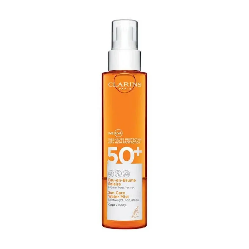 Clarins cremă solară SPF 50+, spray „Eau en Brume Solaire”, apă solară cu protecție foarte ridicată, 150 ml — preț și oferte